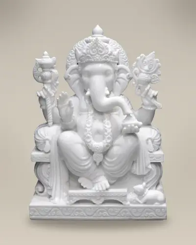 Handcrafted Vietnam White Marble Ganesh on Singhasan Throne, 24in