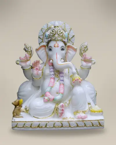 Hand-Painted Vietnam White Marble Ganesha with Laddu Bowl, 12in