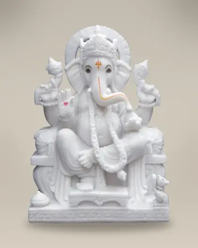Handcrafted Vietnam White Marble Ganesha on Throne with Long Mala, 18in