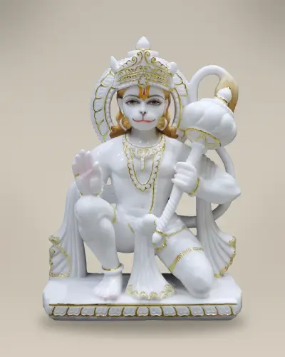 Handcrafted Vietnam White Marble Kneeling Hanuman with Gada, 24in