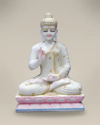 Hand-Painted Vietnam White Marble Buddha in Vitarka Mudra on Lotus Base, 24in