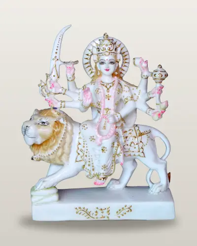 Hand-Painted Marble Dust Durga Mata on Lion, 9 in