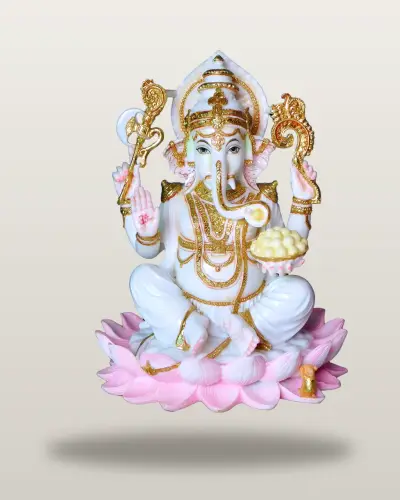 Hand-Painted Marble Dust Ganesh ji on Lotus, 9 in